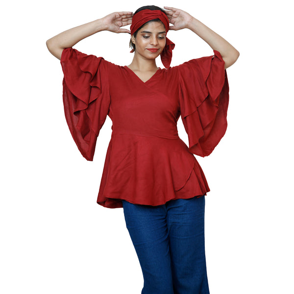 Women's Solid Wrap Blouse with Layer Short Sleeves