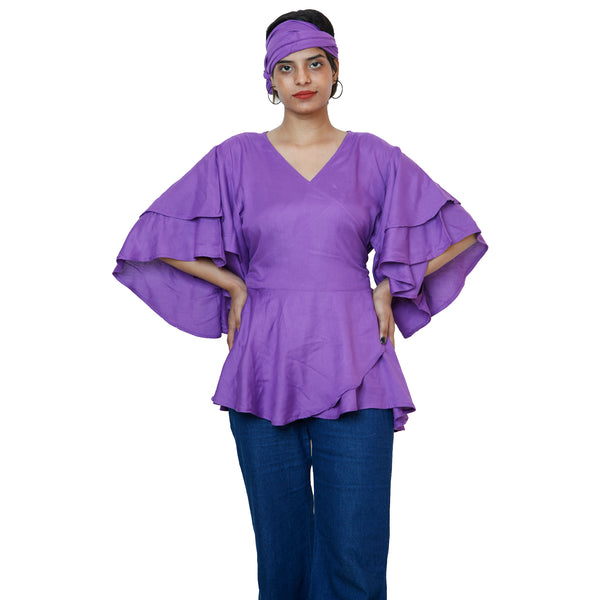 Women's Solid Wrap Blouse with Layer Short Sleeves -- FI-S3052