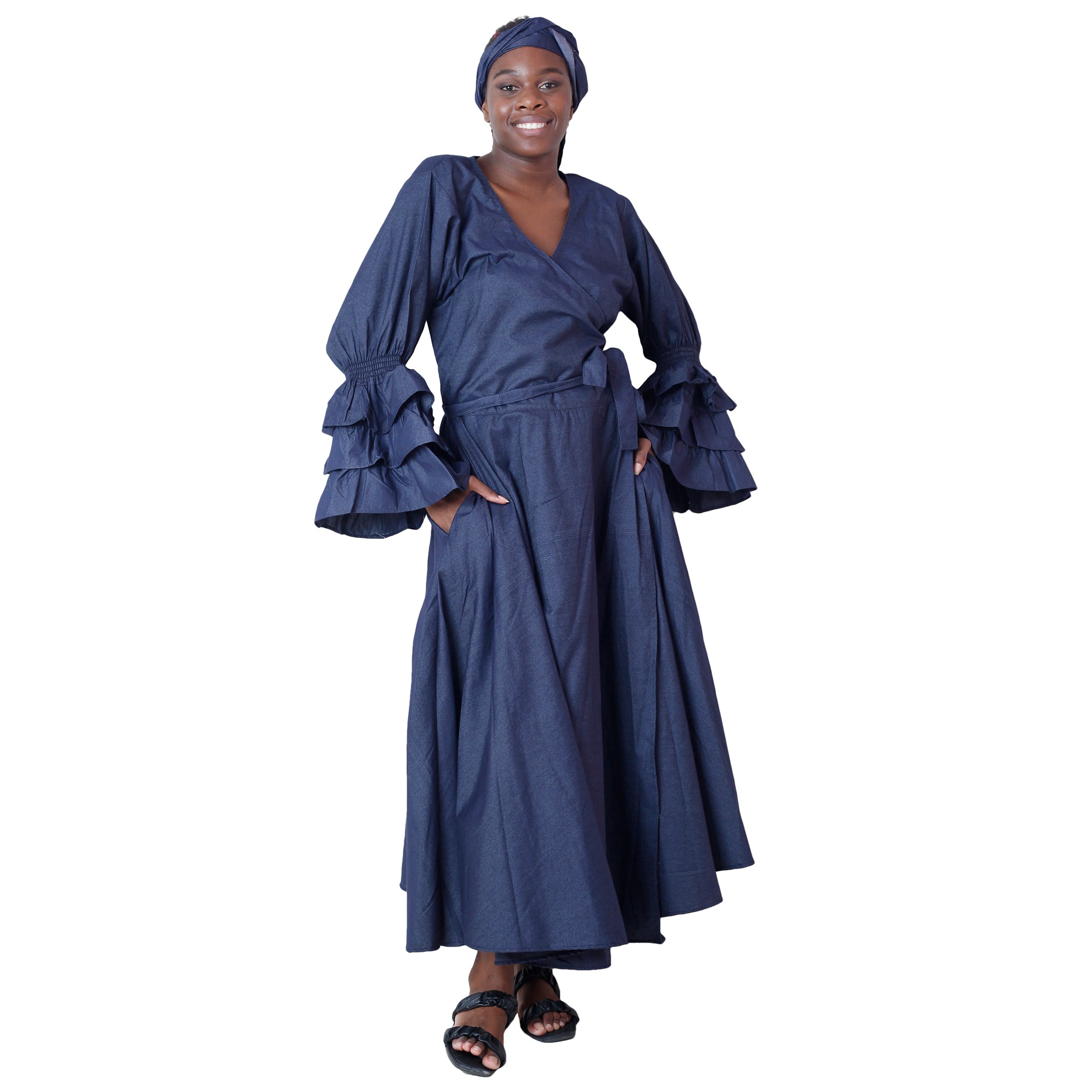 Women's Denim Ruffle Sleeve Wrap Dress -- Fi-Dn70 FS Women's Denim Ruffle Sleeve Wrap Dress -- Fi-Dn70 FS