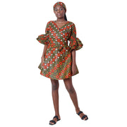 Women's Ruffle Sleeve Short Wrap Dress with Headwrap -- FI-73P