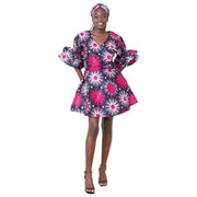 Women's African Ruffle Sleeve Short Wrap Dress with Headwrap