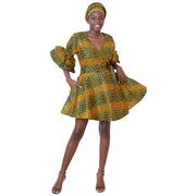 Women's Ruffle Sleeve Short Wrap Dress with Headwrap -- FI-73P