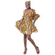 Women's Ruffle Sleeve Short Wrap Dress with Headwrap -- FI-73P