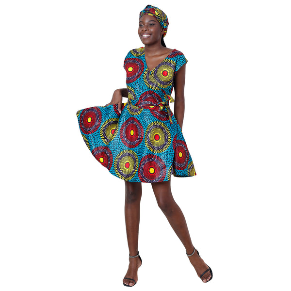 Women's African Print Sleeveless Mini Wrap Dress -- FI-3051