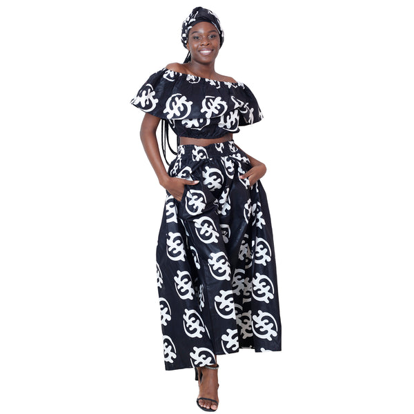 Women's Off Shoulder Crop Top with Pants Skirt -- FI-3012