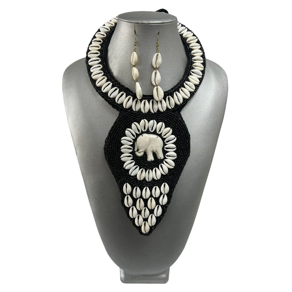 Women's Elephant Beaded Cowrie Shell Necklace Set