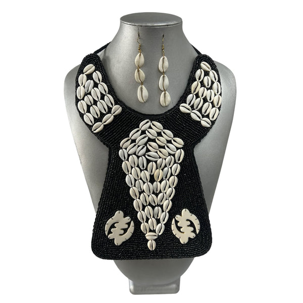 Women's Square Beaded Gye Nyame Cowrie Shell Necklace Set