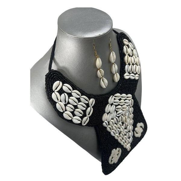 Women's Square Beaded Gye Nyame Cowrie Shell Necklace Set