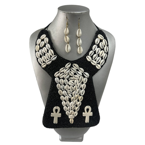 Women's Square African Symbol Cowrie Shell Necklace Set