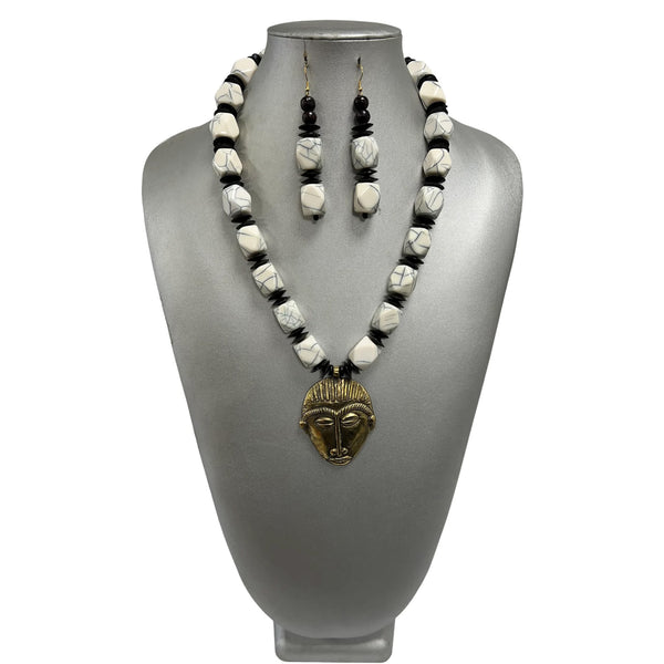 Women's Marble Beaded Face Pendant Necklace Set