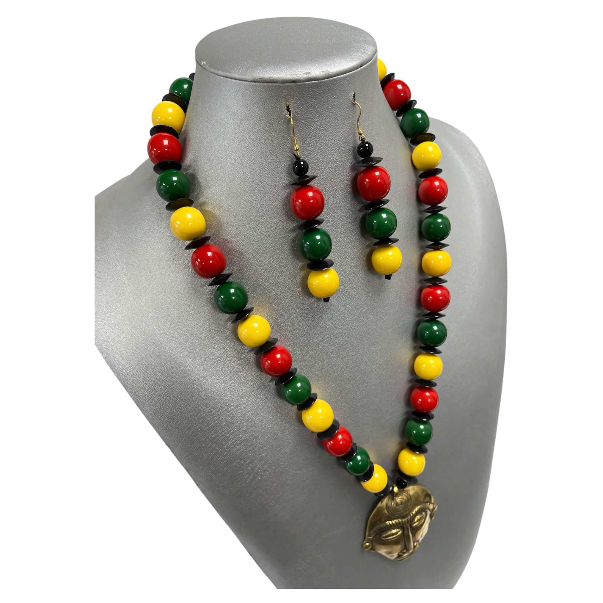 Women's Rasta Beaded Face Pendant Necklace Set