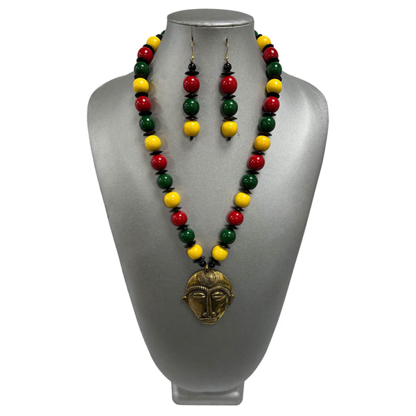 Women's Rasta Beaded Face Pendant Necklace Set
