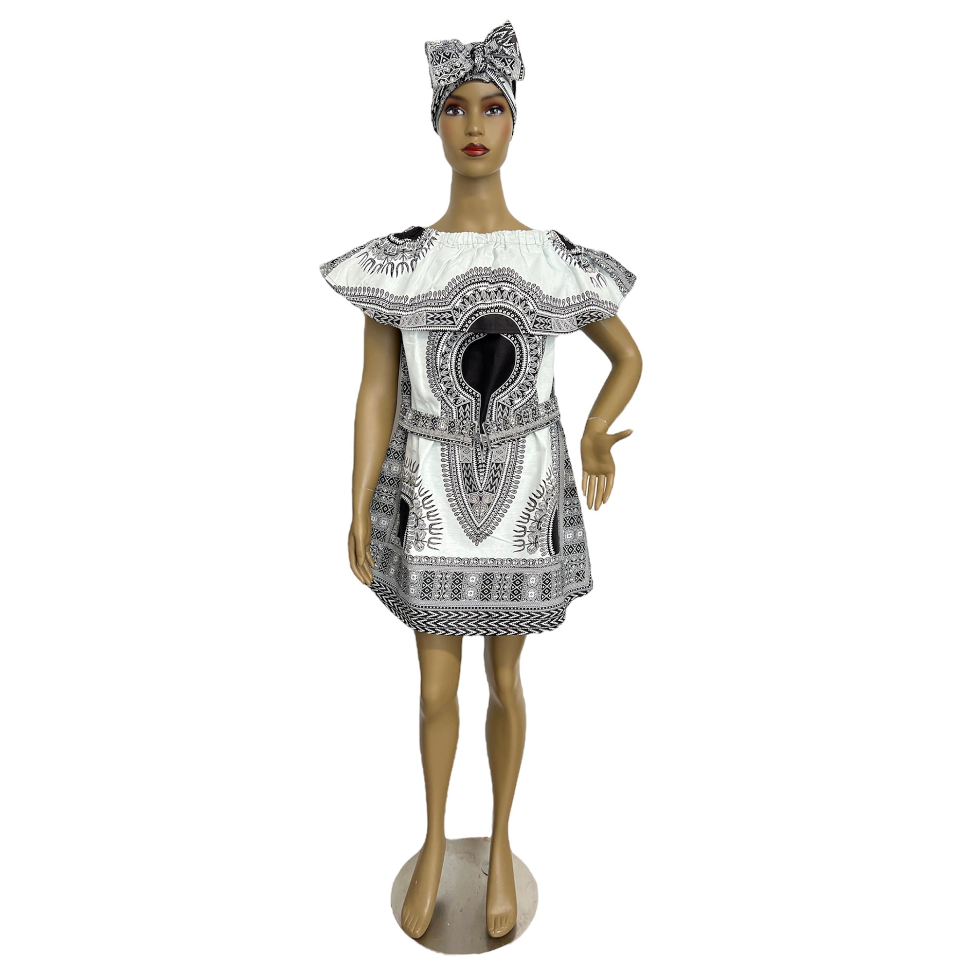 Women's Dashiki Off Shoulder Short Dress with Belt - FI-D3015