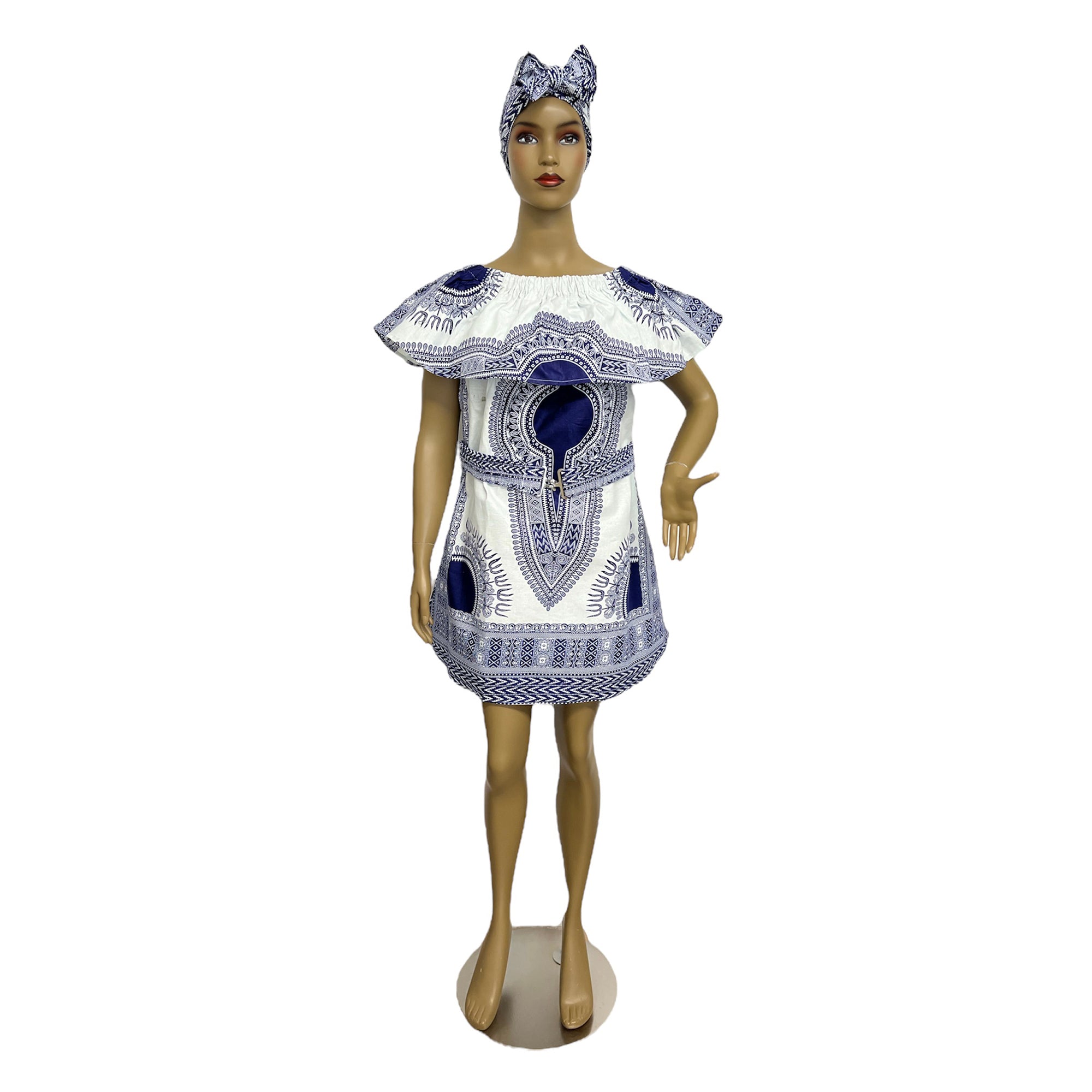 Women's Dashiki Off Shoulder Short Dress with Belt - FI-D3015