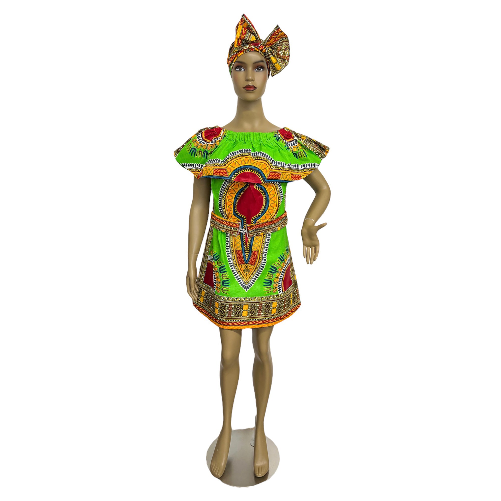 Women's Dashiki Off Shoulder Short Dress with Belt - FI-D3015