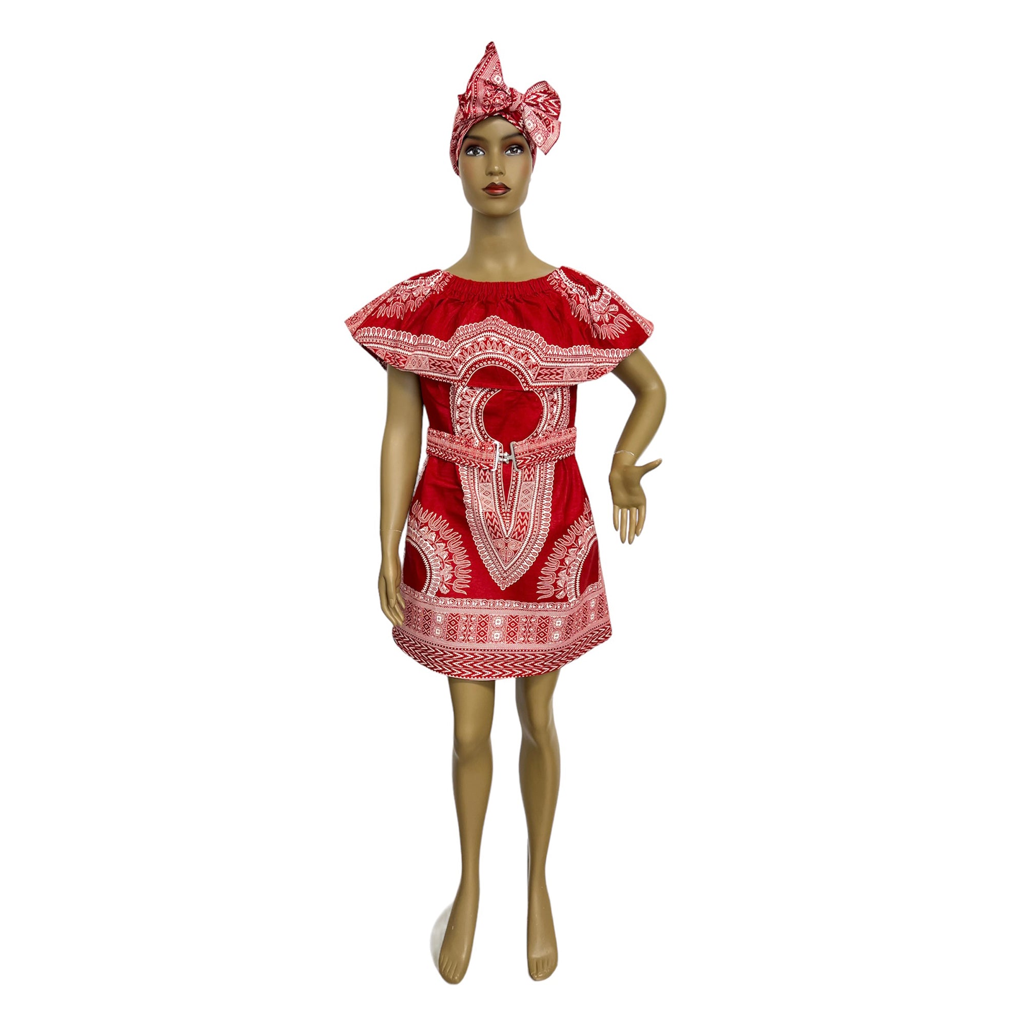 Women's Dashiki Off Shoulder Short Dress with Belt - FI-D3015