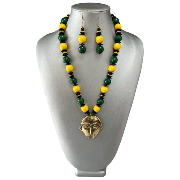 UNISEX Beaded Necklace Set with Brass Face Pendant  by