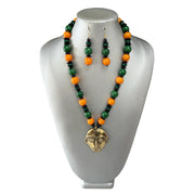 UNISEX Beaded Necklace Set with Brass Face Pendant