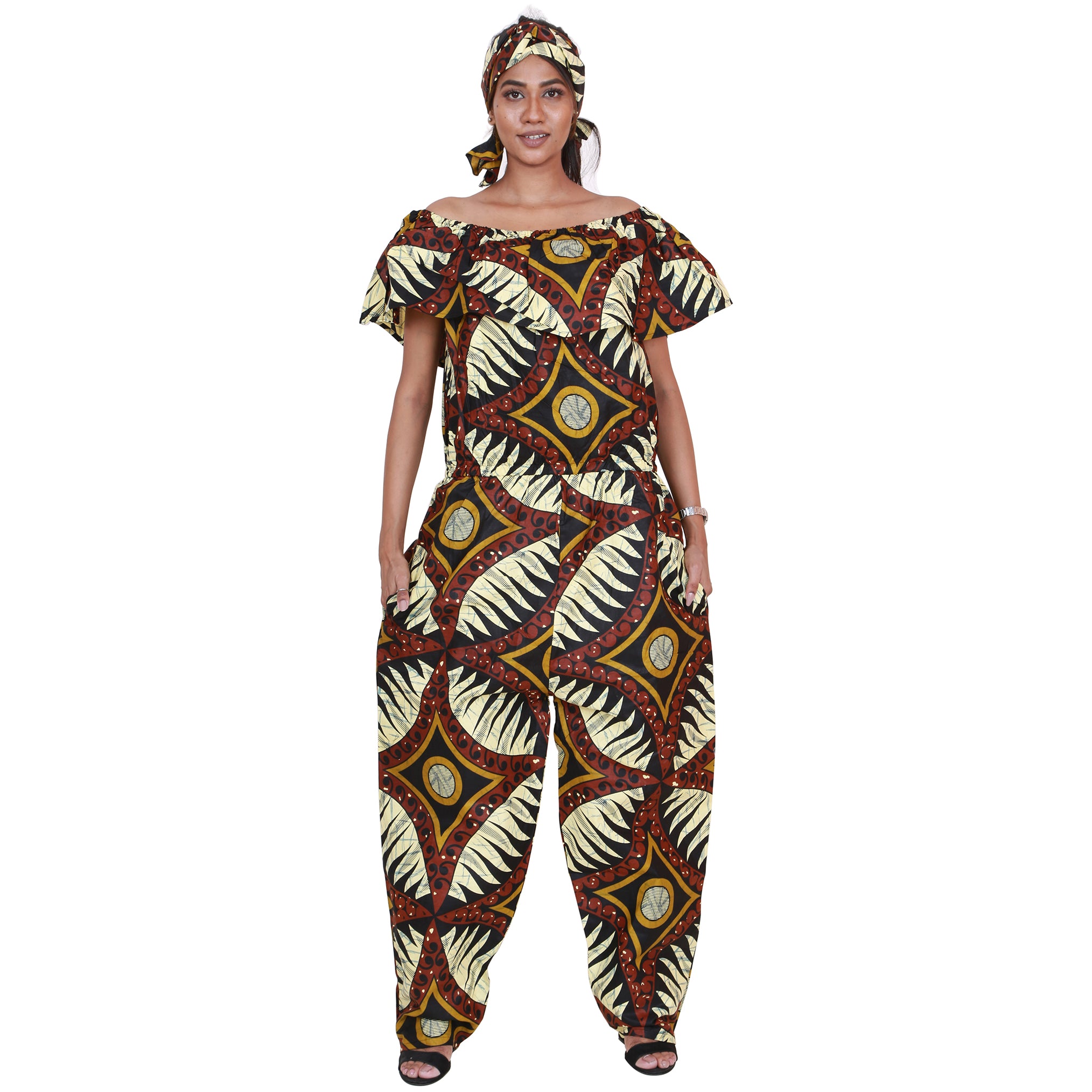 Women's African Print Off Shoulder Jumpsuit -- FI-3061P