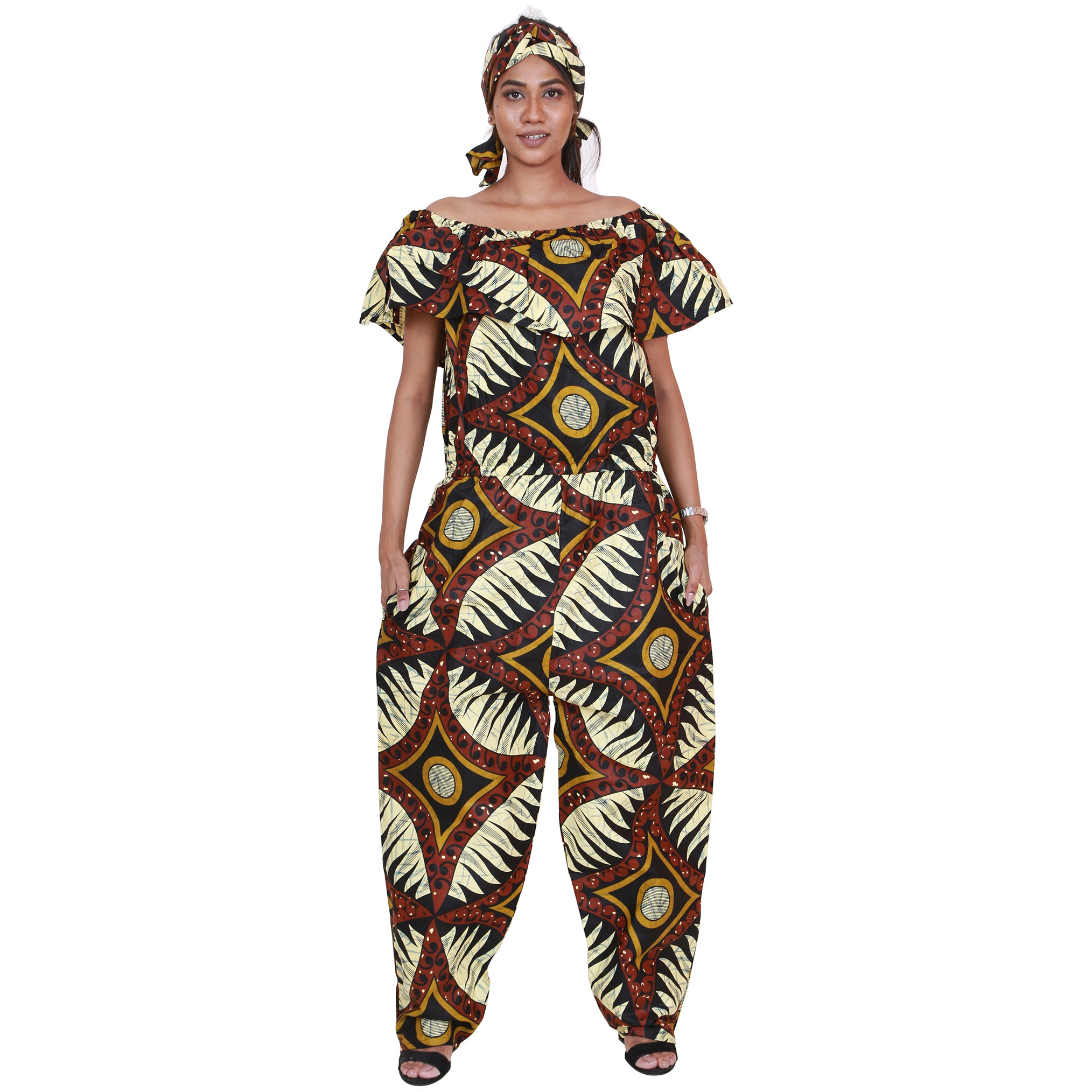 Women's African Print Off Shoulder Jumpsuit -- FI-3061P