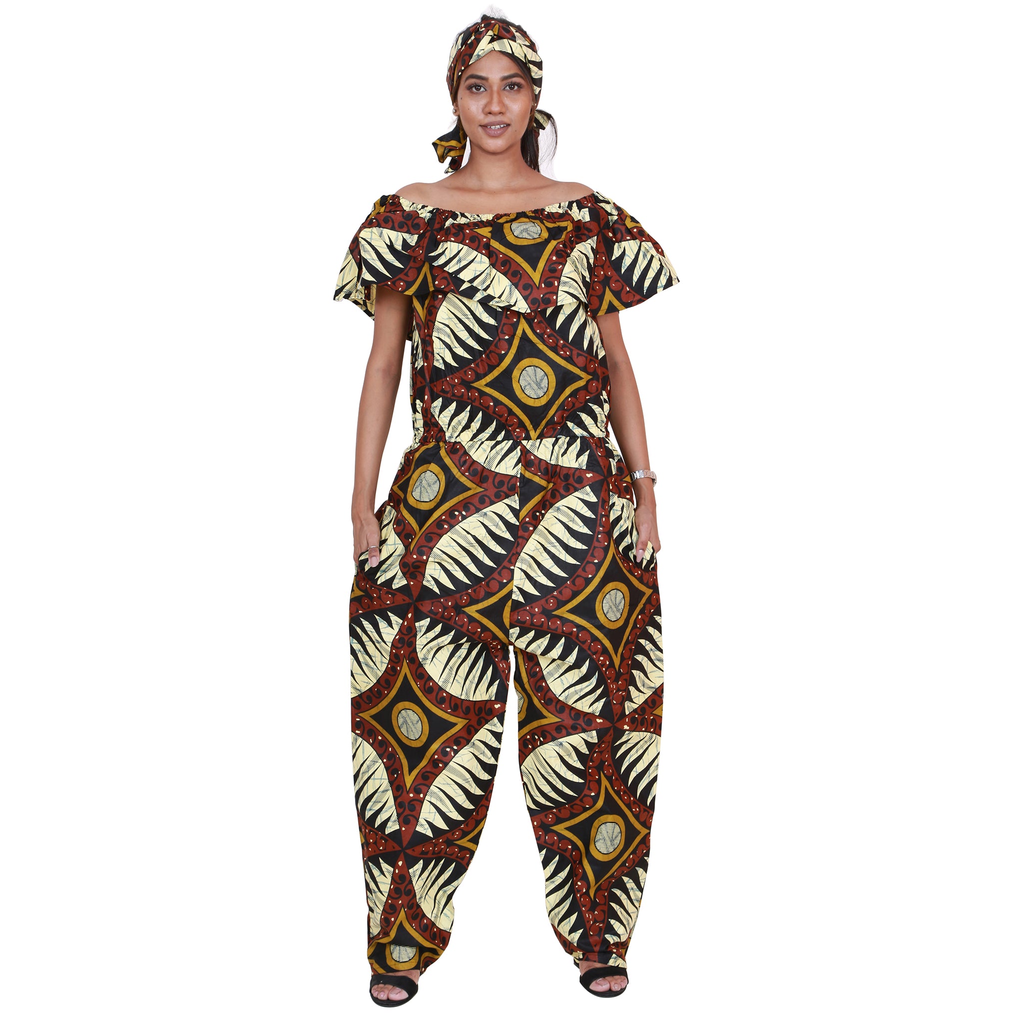 Mamba Jumpsuit (Women's Summer Halter Neck, Backless, Sleeveless, Wide Leg  Jumpsuit in White, Burgundy and Black African Chiffon Ankara Kente Fabric)  - Chimzi